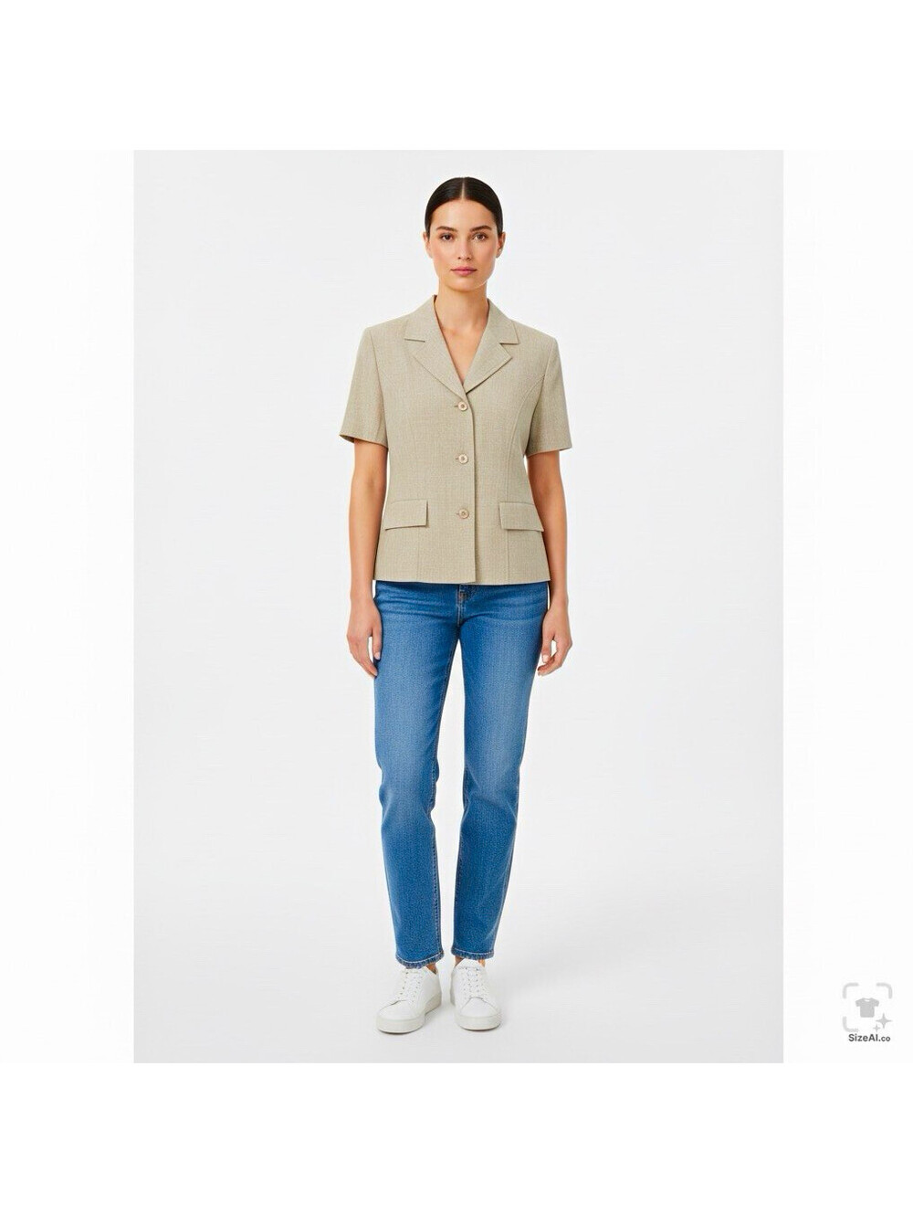Sag Harbor Women's Petite 8P Beige Short Sleeve Button Front Jacket Pockets